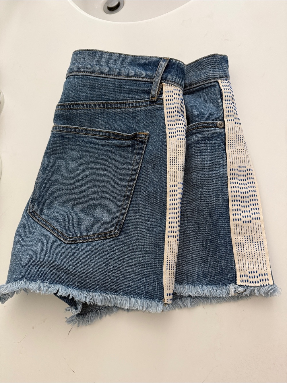 LOFT Blue Denim Shorts with Cream/Navy Side Panels.
